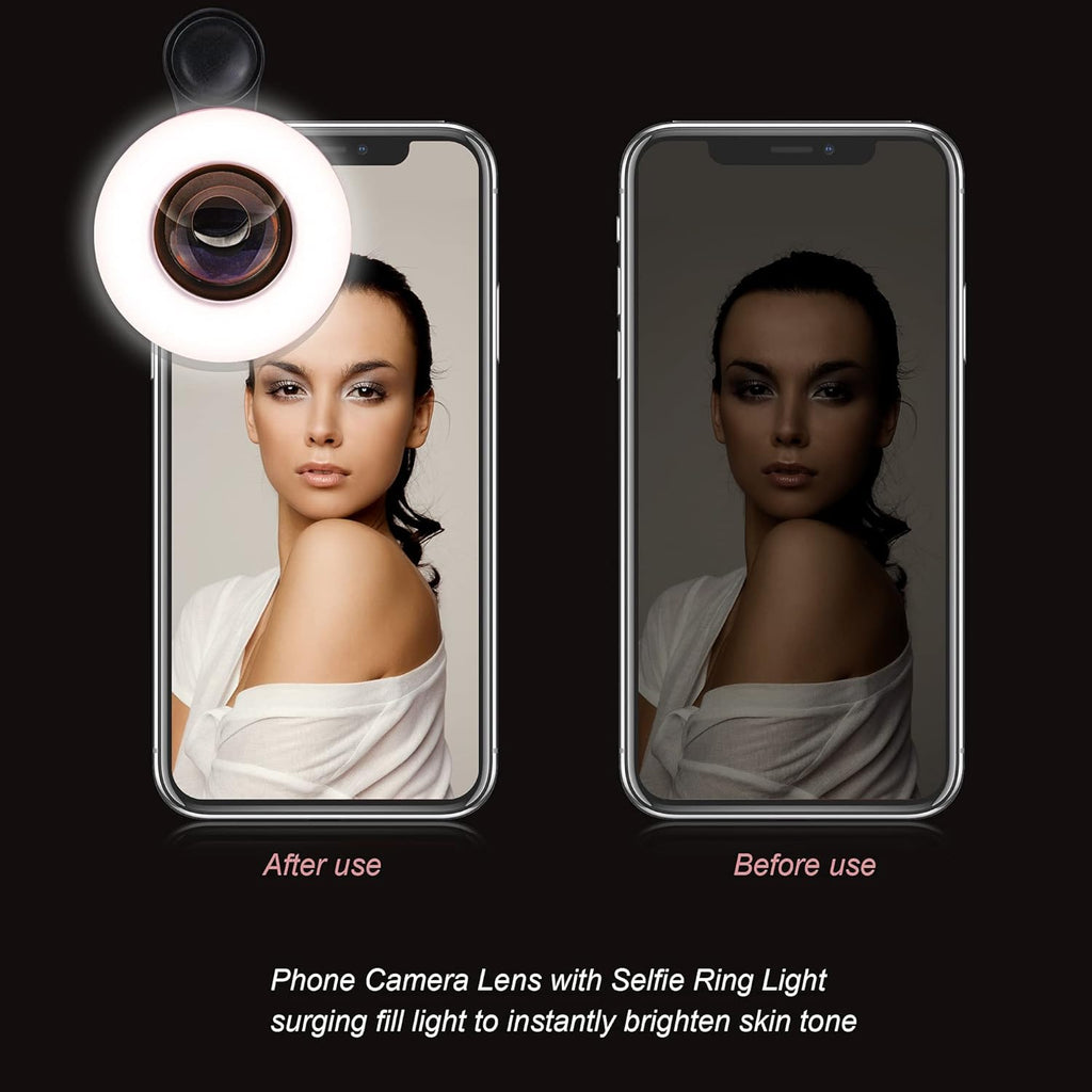 Macro Lens for iPhone and Android with Mini Clip Ring Light, Portable Rechargeable Dimming, for Smart Phone Photography, Camera Video Recording, VLOG