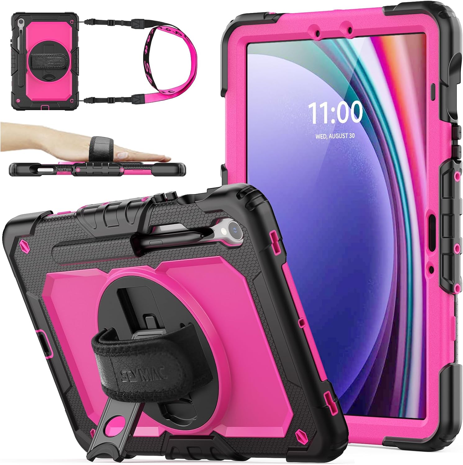 SEYMAC stock Case for Samsung Galaxy Tab S10 FE / S9 / S9 FE 5G Tablet Case Protective with Screen Protector, Pencil Holder, 360 Rotate Stand, Hand Strap, Shoulder Strap, Pink1