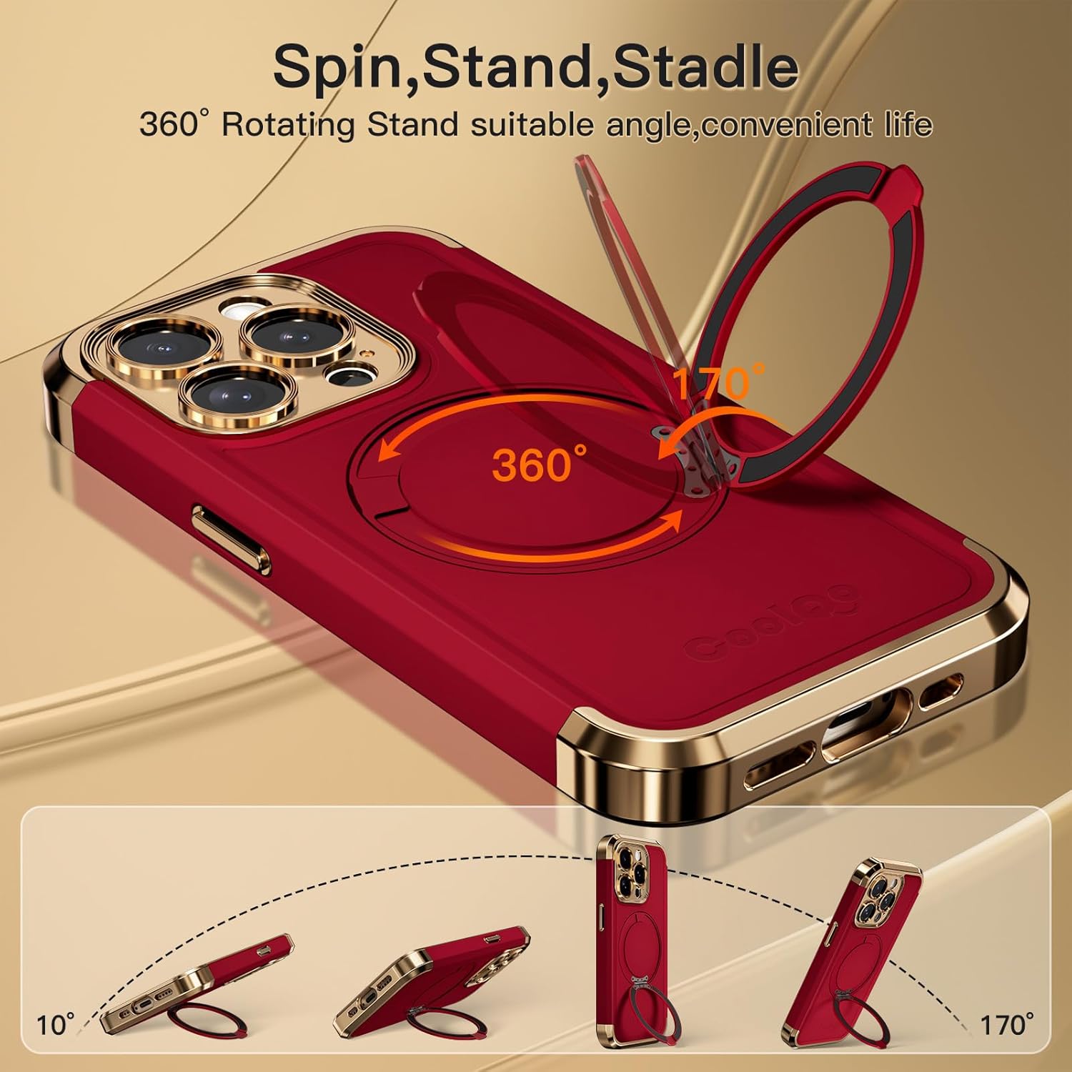 COOLQO for iPhone 15 Pro Max Case 6.7'' Upgraded 360° Spin Magnetic Stand [Compatible with Magsafe][Military Protection] Shockproof Protective Phone Holder Cover for iPhone 15 Pro Max, Red Gold