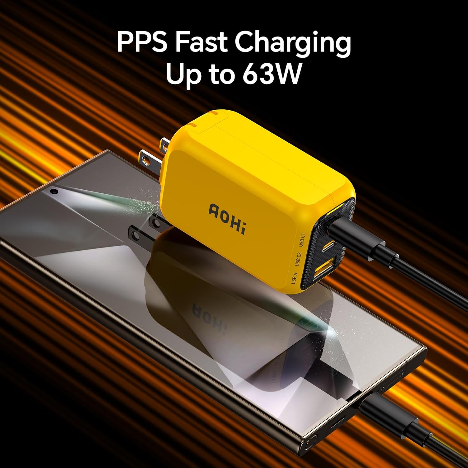 AOHI Youth 65W GaN+ USB C Charger Block, 3-Port PPS Type C Compact Foldable Laptop Fast Wall Charger for MacBook Pro/Air, iPad Pro, iPhone 16/15 Pro Max, Galaxy S24, Pixel, Steam Deck and More, Yellow