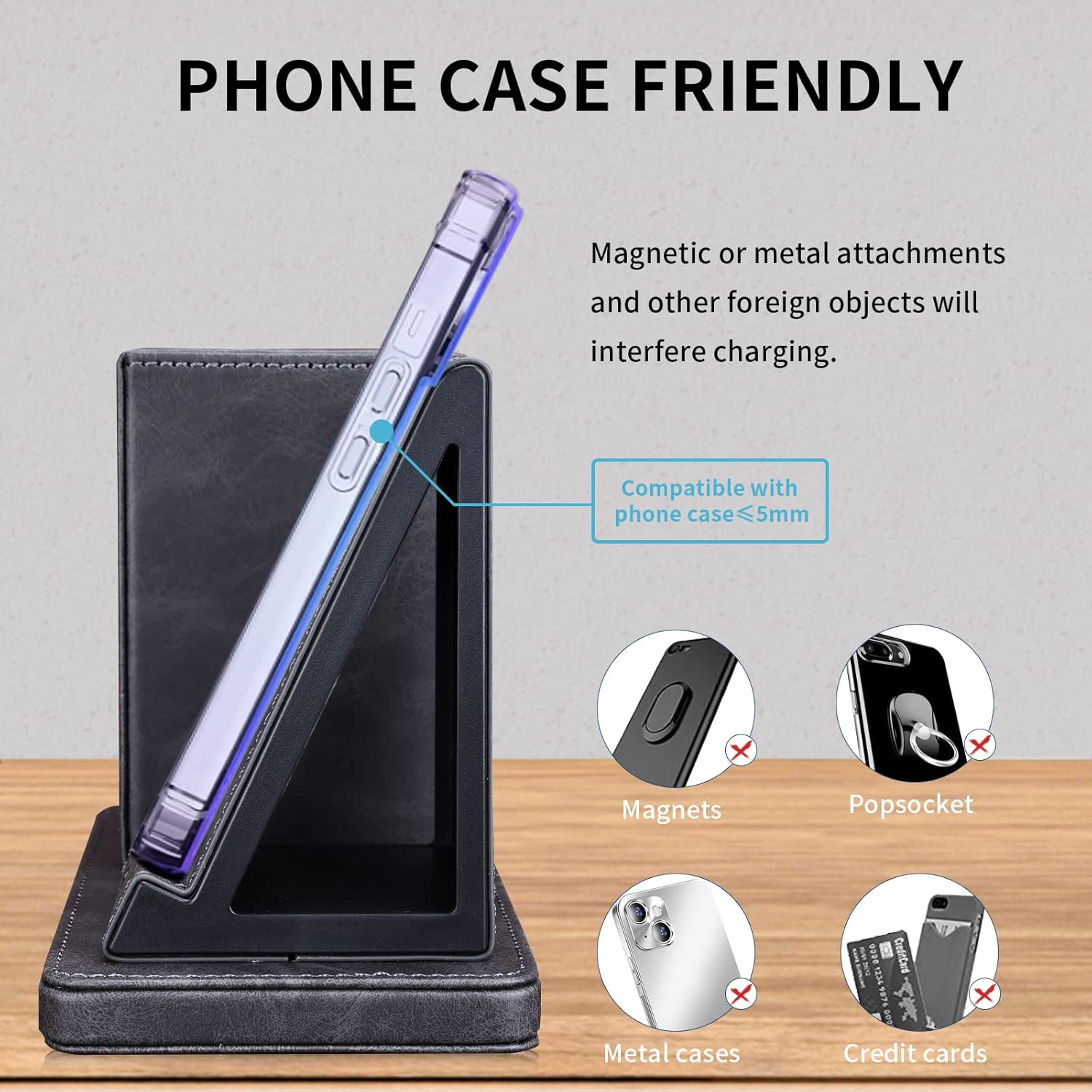 Wireless Charger with Desk Organizer, Wireless Charging Station for iPhone 13/13 Pro Max/13 Pro/12 Series/11/XS Max/XR/X/8Plus/SE 2, Wireless Charging Stand with Leather… (Gray)