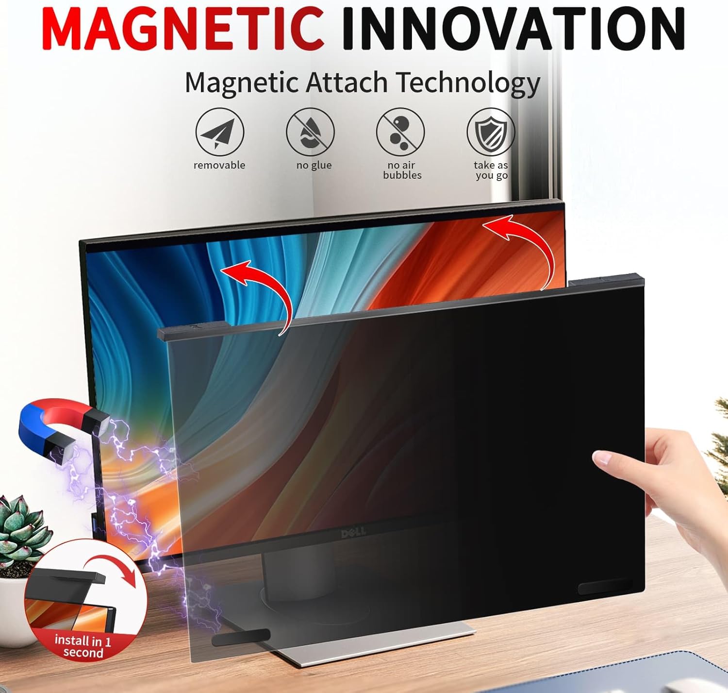 Magnetic 27 Inch Computer Privacy Screen Filter, Hanging Computer Screen Privacy Shield for 16:9 Monitor Removable Anti Blue Light Glare Eye Protection