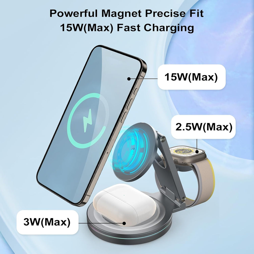 Foldable 360º Rotatable Zinc Alloy 3-in-1 Magnetic Wireless Charger,3 in 1 Charging Station,Charging Stand,15W for iPhone 12-16,5W for Apple Watches, AirPods (Adapter Included) (Gray)