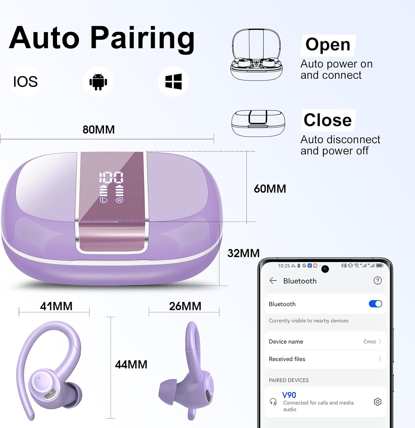 Wireless Earbuds Bluetooth 5.3 Headphones Sports, 48Hrs Playtime Bluetooth Earbuds with CVC 8.0 Mic, Stereo Bass Over Ear Bud with Earhooks, LED Display, IP7 Waterproof Earphon for Running Purple