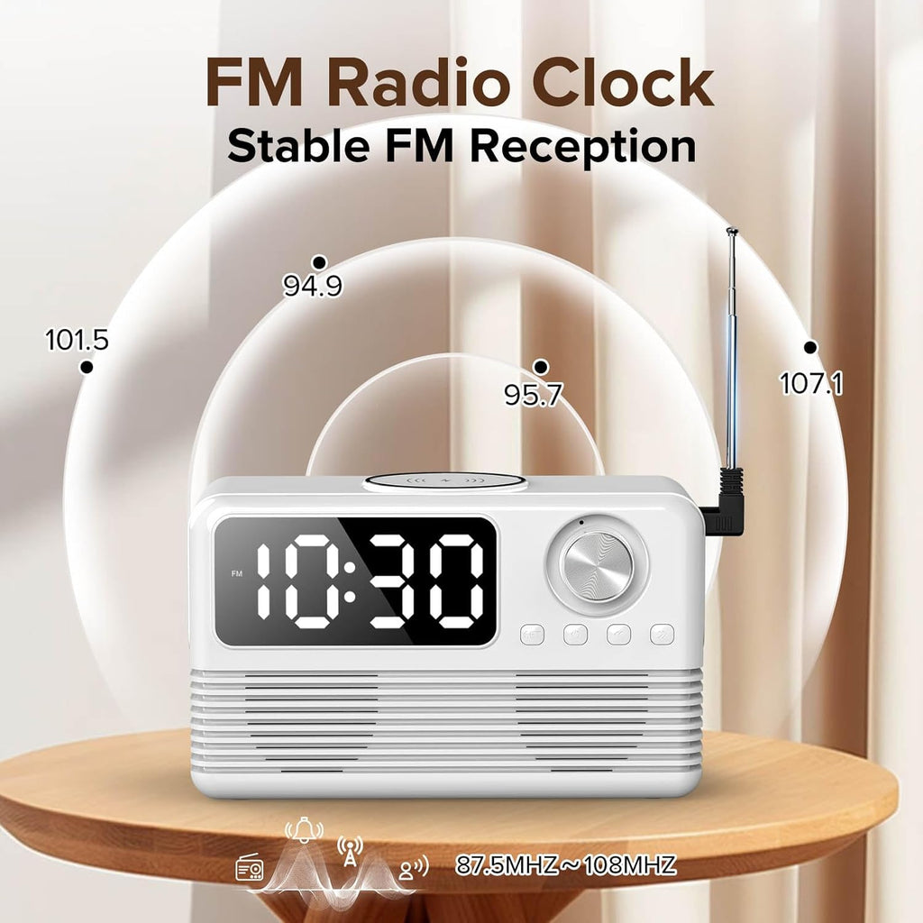 15W Fast Wireless Charger with Bluetooth Speaker and Alarm Clock Radio,4 in1 Wireless Charging Station for iPhone,Android Phones with FM Radio for Bedroom
