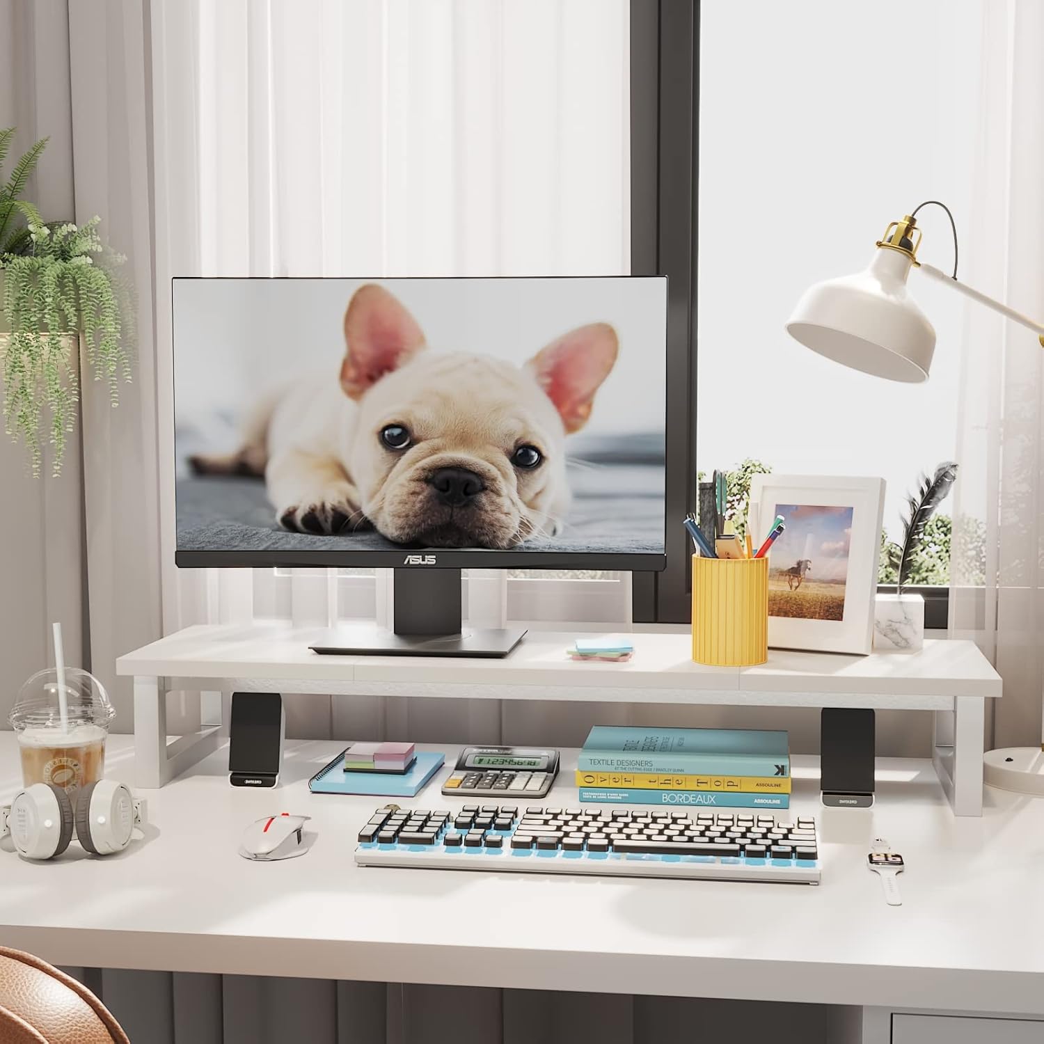 Dual Monitor Stand Riser, 39Inch Large Monitor Stands for 2 Monitors, Computer Monitor Stand, Wooden Desktop Oraganizer Shelf for Office Desk Computer,Laptop,TV