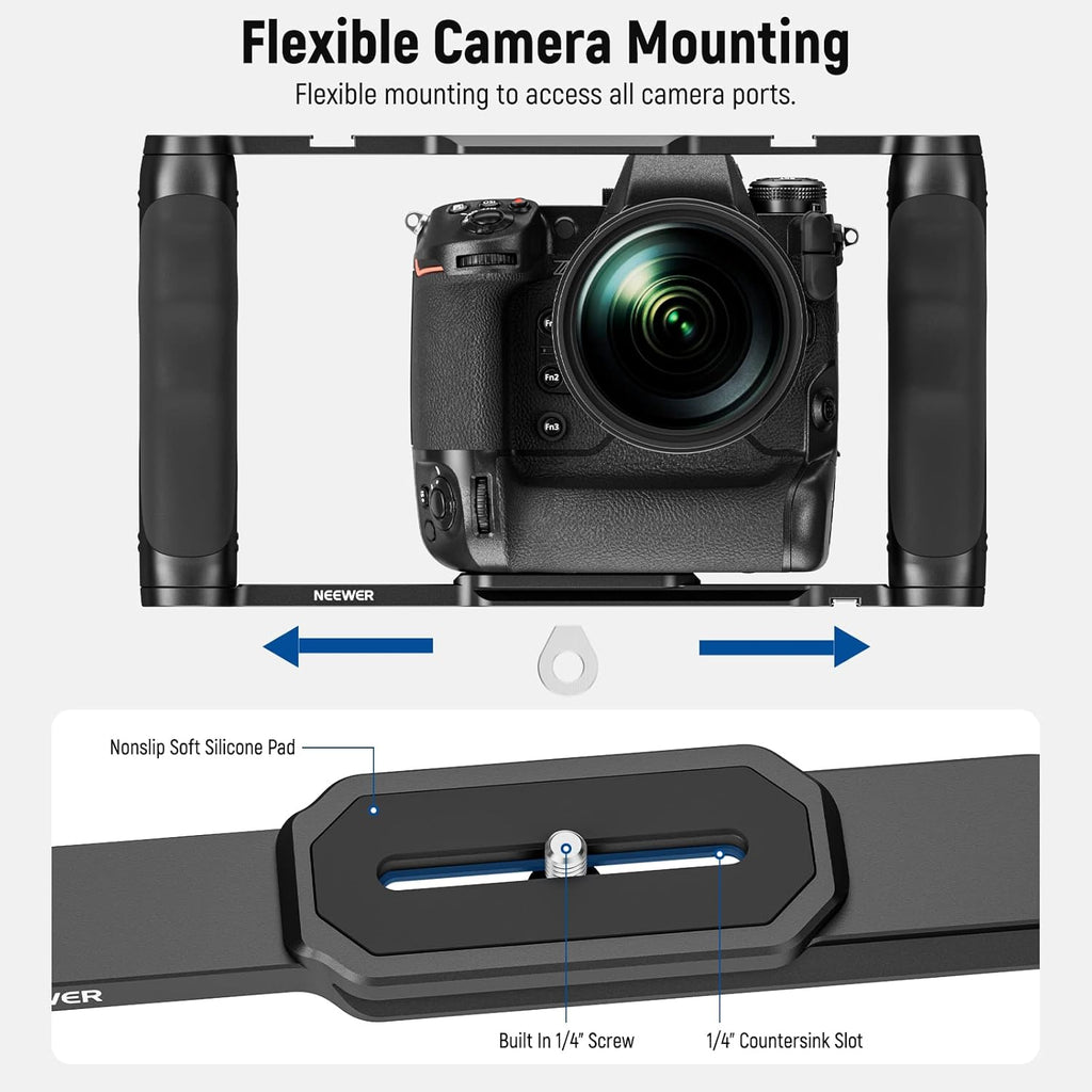 NEEWER Video Camera Cage Rig with Arca Type Base/Dual Grips/Expansion Holes/15mm Rods, Universal Stabilizer Compatible with Sony Canon Nikon DSLR/DSLM, Compatible with SmallRig Accessories, CA016