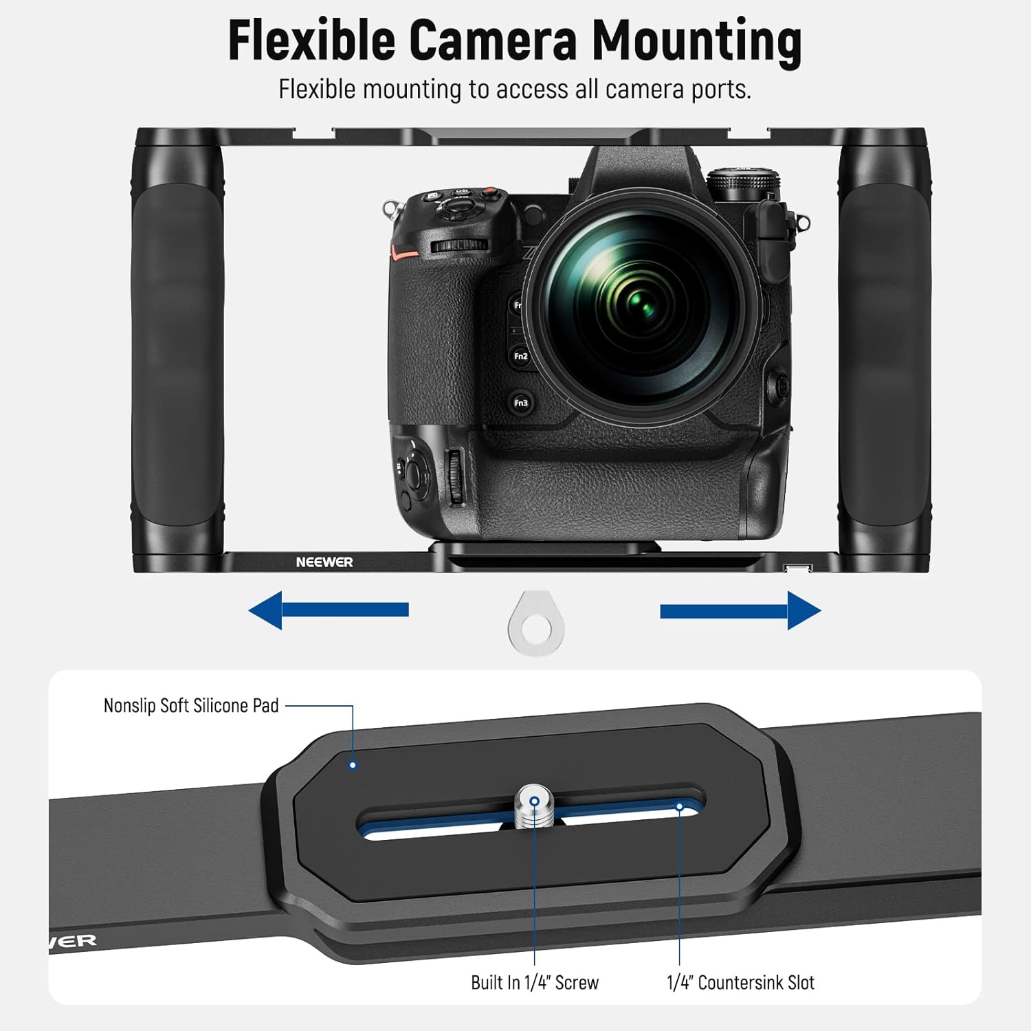 NEEWER Video Camera Cage Rig with Arca Type Base/Dual Grips/Expansion Holes/15mm Rods, Universal Stabilizer Compatible with Sony Canon Nikon DSLR/DSLM, Compatible with SmallRig Accessories, CA016