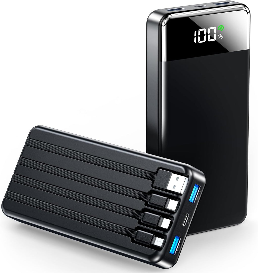 Portable Charger 35000mAh Power Bank - Powerbank with 4 Built in Cables, 22.5W Fast Charging Travel Camping Essential Battery Pack Compatible with iPhone 16 15 14 13 Samsung Google etc, 1 Pack