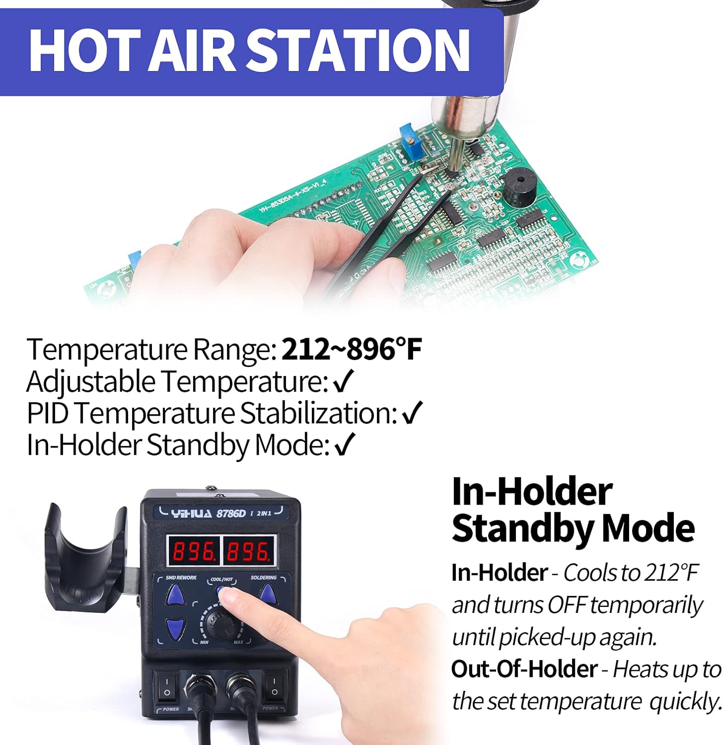 YIHUA 8786D I 2 in 1 Hot Air Rework and Soldering Iron Station with °F /°C, Cool/Hot Air Conversion, Digital Temperature Correction and Sleep Function