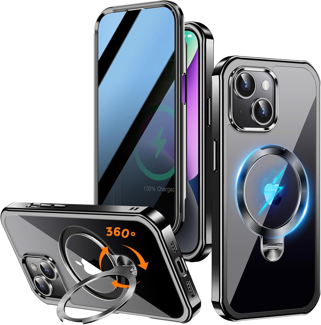 [360° Rotatable CD Stand & Built-in Privacy Screen Magnetic Case for iPhone 14 [Compatible with MagSafe & Full Signal] Mil-Grade Shockproof Full Body Anti-Spy Cover for 14-Black
