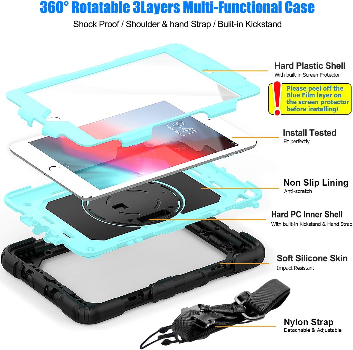 SEYMAC stock Case for iPad mini 5/4 with Screen Protector Pencil Holder [360 Rotating Hand Strap] & Stand, Drop-Proof Case for iPad mini 5th/4th Generation 7.9 inch (SkyBlue+Black)