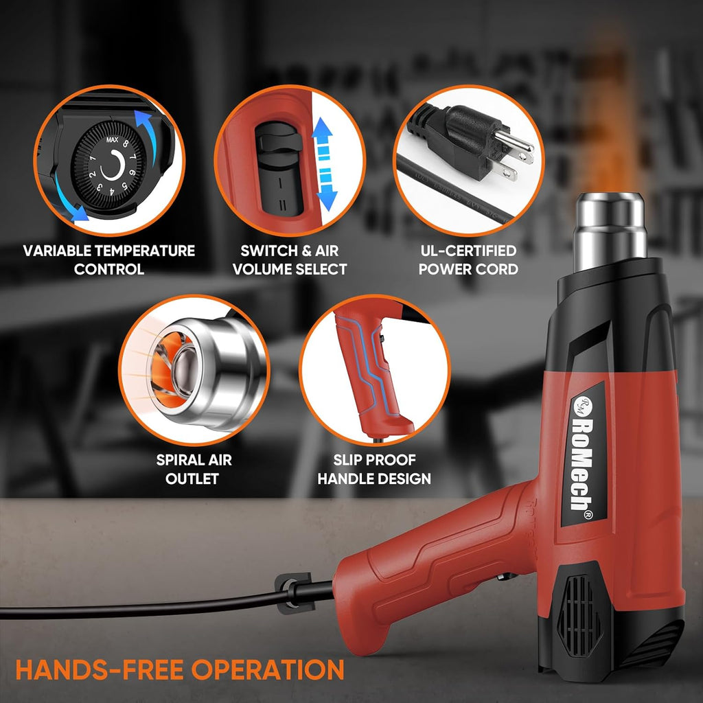 ROMECH 1500W Heavy Duty Heat Gun, Variable Temperature Control Hot Air Gun Kit with 2 Air Flow 120°F~1200°F and 4 Nozzles for Crafts Shrink Wrap (Red)