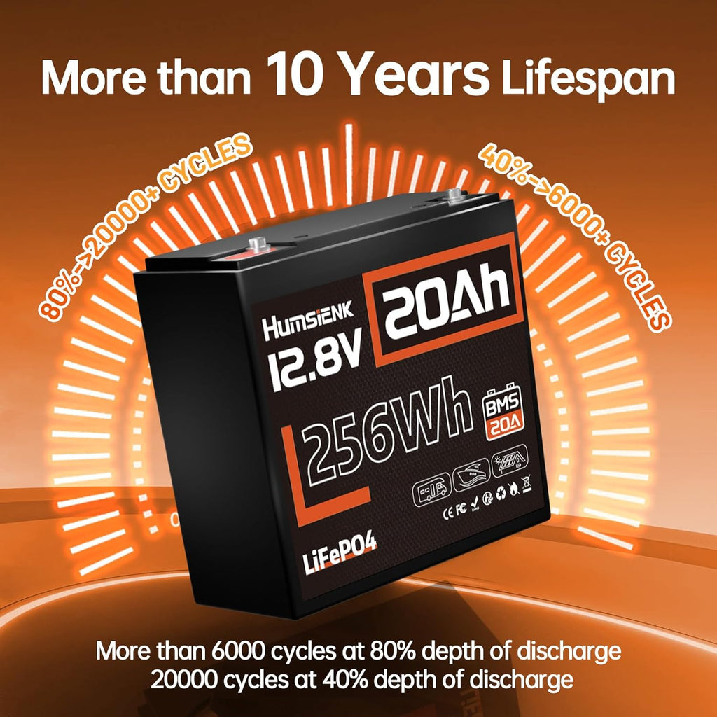 12V 20Ah LiFePO4 Lithium Battery, Built-in 20A BMS, EV Grade A+ Cells, Rechargeable 6000 to 15000 Deep Cycles Lithium Batteries 12V, Perfect for Fish Finder, Camping, Power Wheels