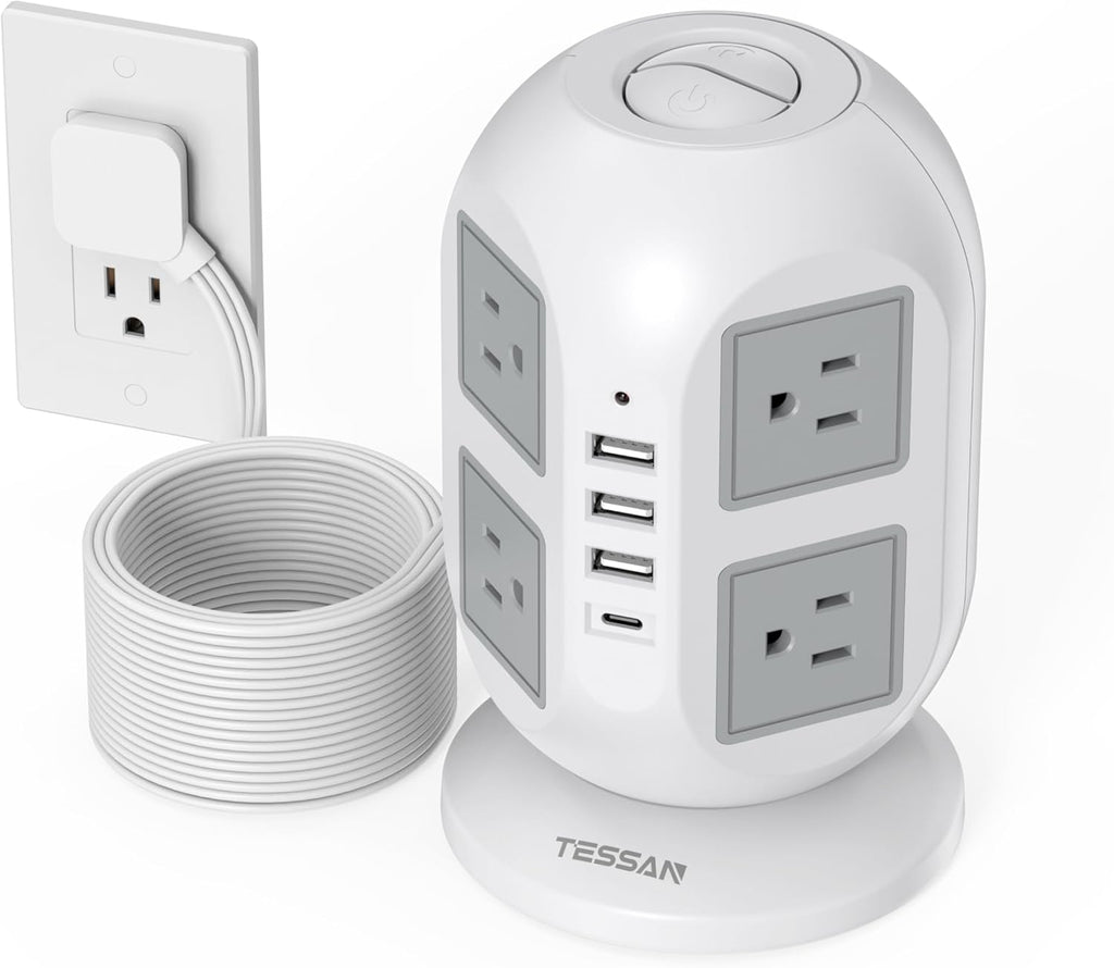 Tower Surge Protector Power Strip 15 ft, TESSAN Long Flat Extension Cord with Multiple Outlets, 8 AC Outlets with 4 USB Ports (1 USB C), Charging Station with Surge Protection, for Home Office Dorm