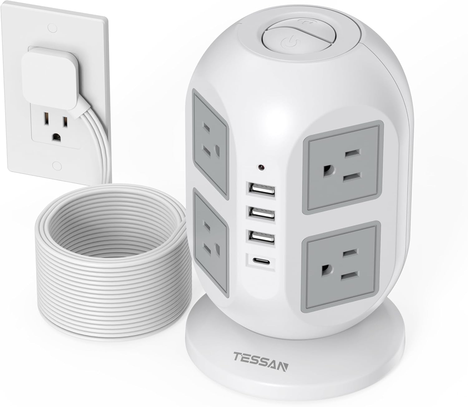 Tower Surge Protector Power Strip 15 ft, TESSAN Long Flat Extension Cord with Multiple Outlets, 8 AC Outlets with 4 USB Ports (1 USB C), Charging Station with Surge Protection, for Home Office Dorm