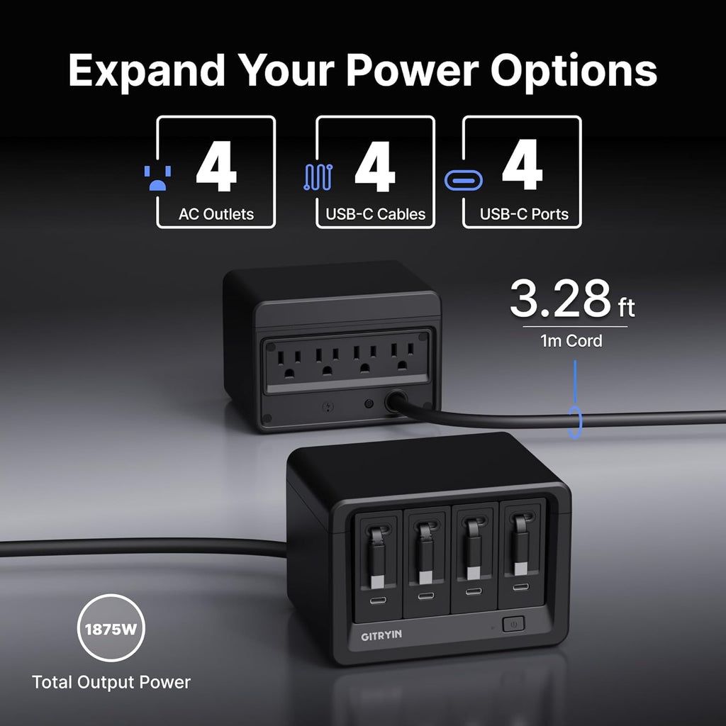 Gitryin 12-in-1 Desktop Charging Station with 4 Retractable Type-C Wall Chargers, 40W USB-C Power Strip with Flat Plug, Extension Cord with 1020J Surge Protection for Home Office