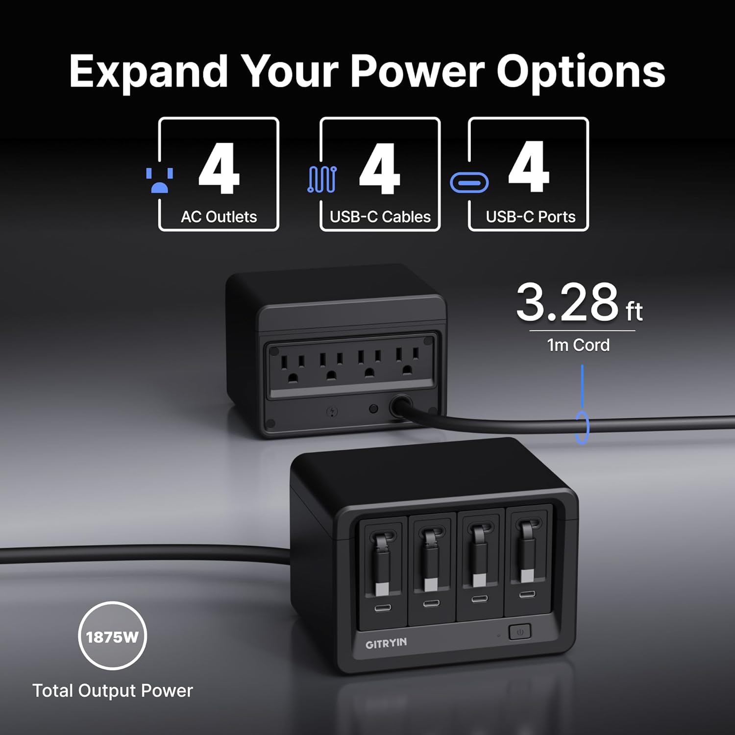 Gitryin 12-in-1 Desktop Charging Station with 4 Retractable Type-C Wall Chargers, 40W USB-C Power Strip with Flat Plug, Extension Cord with 1020J Surge Protection for Home Office
