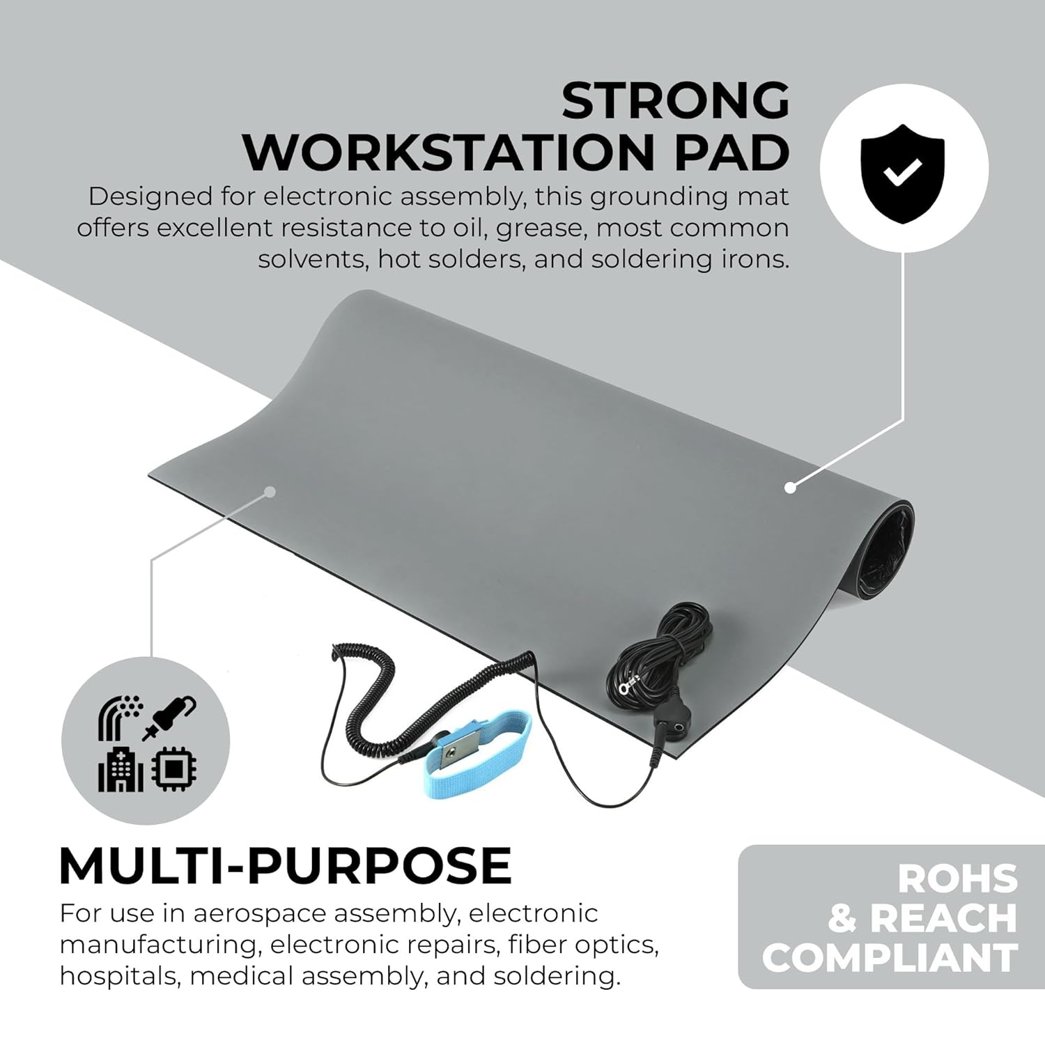MWRF Source ESD Mat Kit with Wrist Strap and Grounding Cord (2.5 FT x 4 FT x 0.12 Inch, Grey)