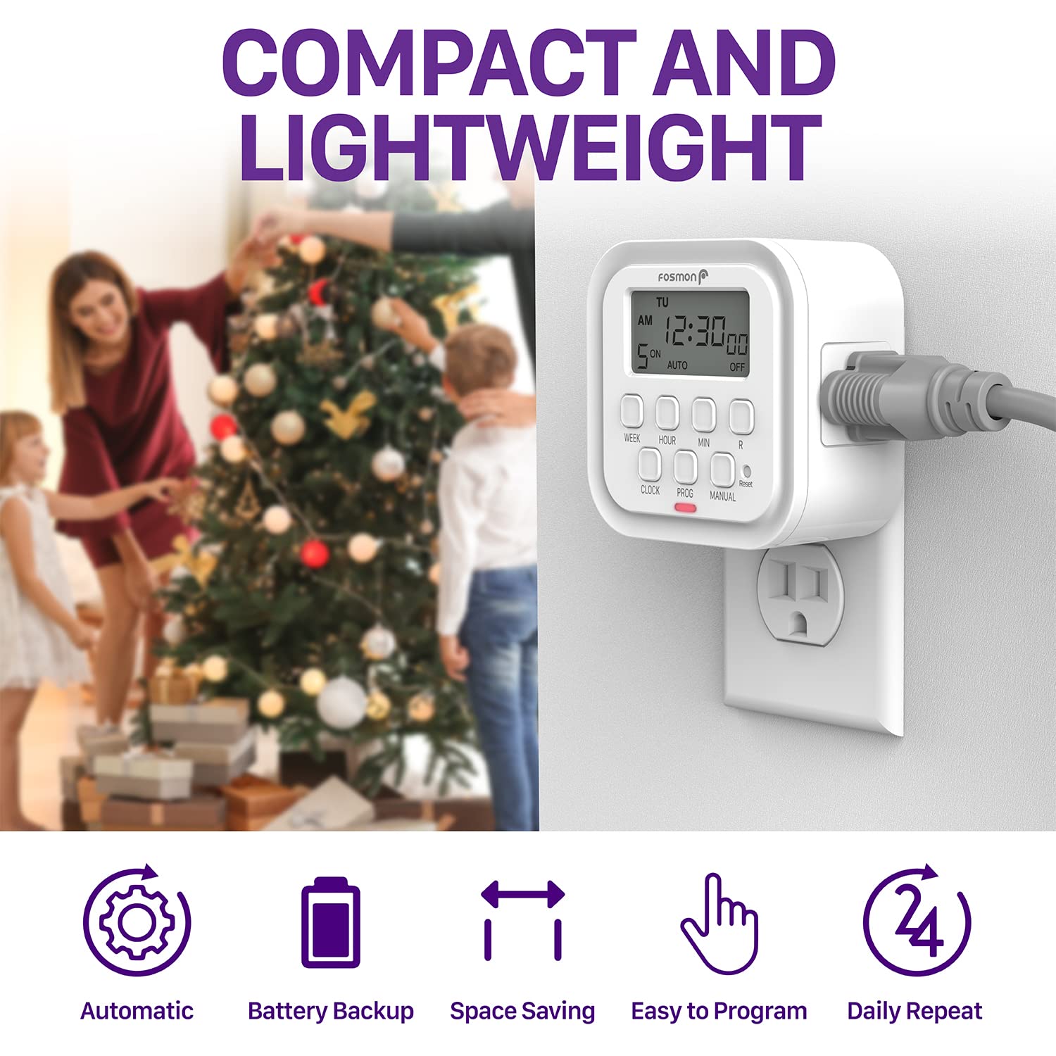 Fosmon 7 Day Digital Timers for Electrical Outlets, Indoor Plug-in Light Timers Switch Programmable, Electric Wall Plug for Lamp, Grow Reptile Lights, Aquarium, 15A/1875W, Grounded- 2 Pack