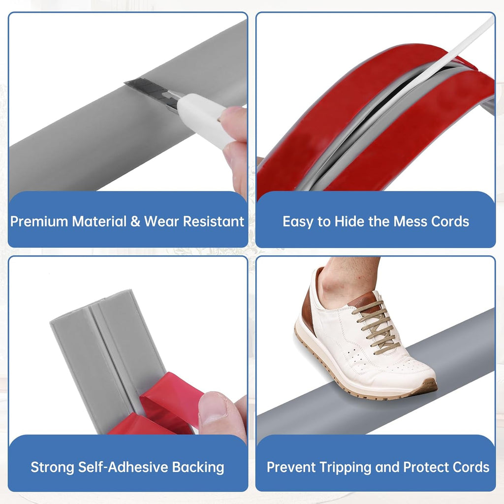 Floor Cord Cover Self Adhesive Cord Hider Floor Extension Cord Covers for Floor Power Cord Protector Cable Management Prevent Cable Trips Cable Cavity 0.47" W x 0.27" H (Grey, 3.3Ft)