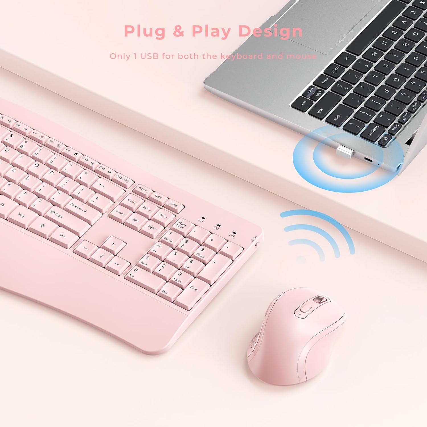 Wireless Keyboard and Mouse - Full Size Ergonomic Keyboard with Palm Wrist Rest Ergonomic Mouse Cordless for Windows Computers Laptops - Light Pink (Upgrade)
