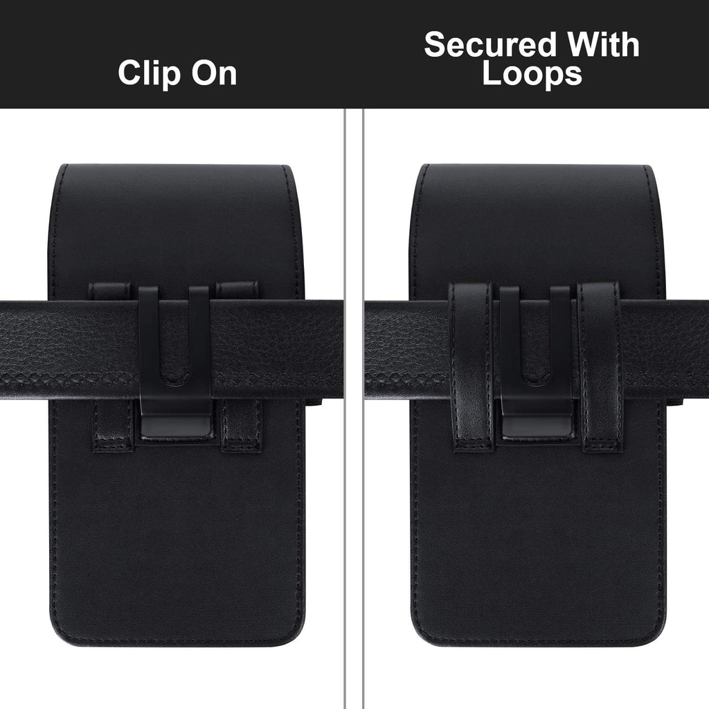 BECPLT Leather Holster Belt Case for iPhone 16 Pro/15/14/13/12/11 Pro & Galaxy S25/S24/S23/S22/S21/S20 - Slim Hard Case with Clip/Loops - Black