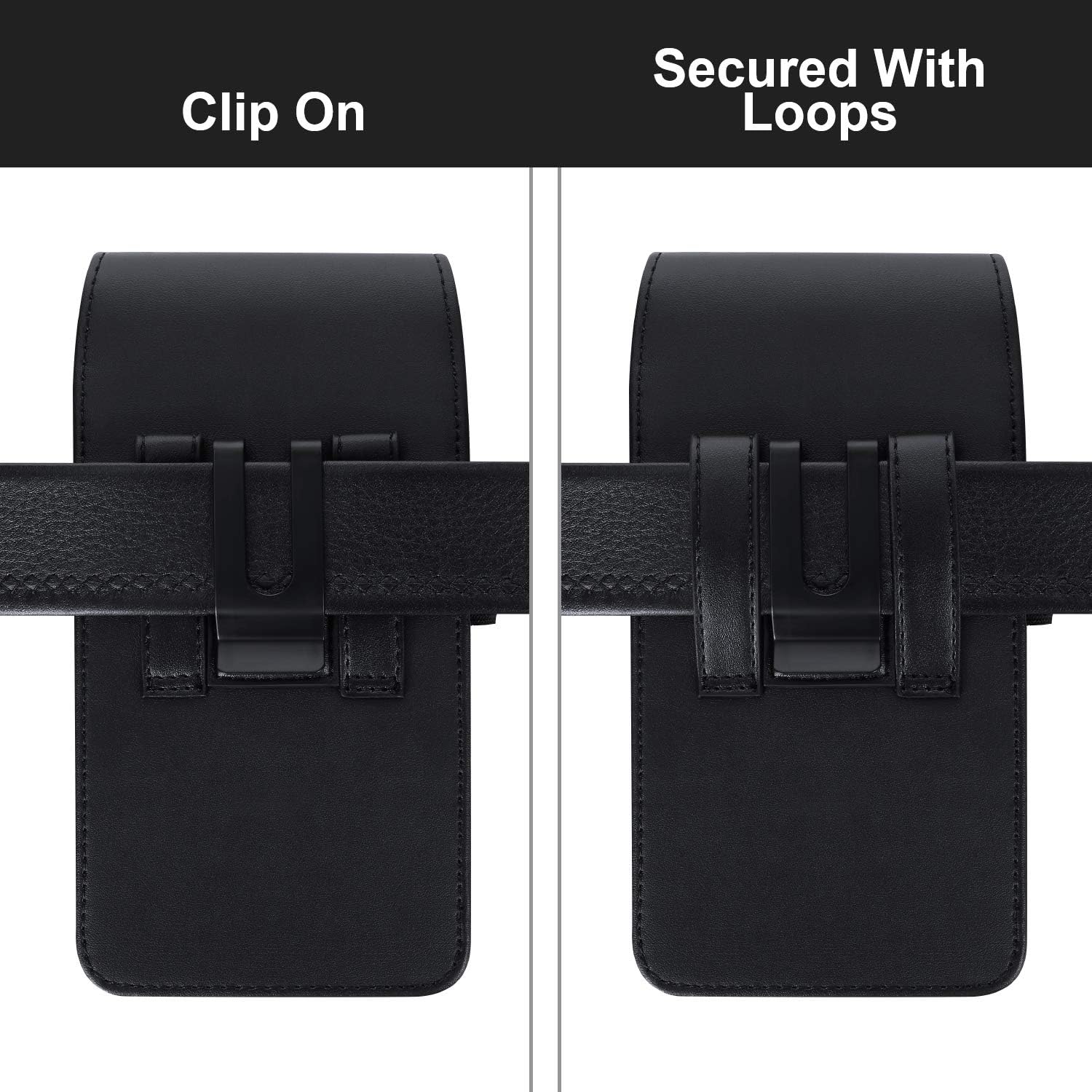 BECPLT Leather Holster Belt Case for iPhone 16 Pro/15/14/13/12/11 Pro & Galaxy S25/S24/S23/S22/S21/S20 - Slim Hard Case with Clip/Loops - Black