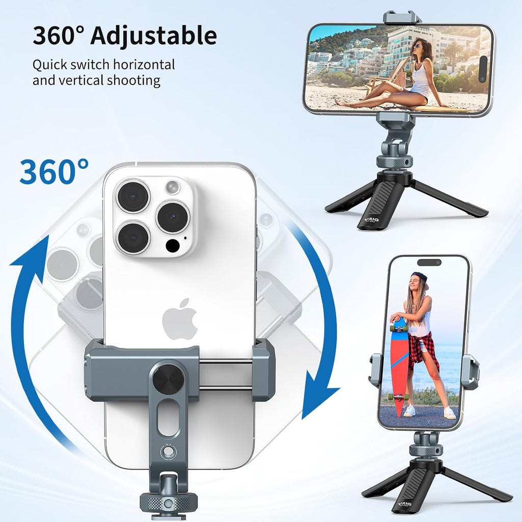 VRIG PH-18 Metal Phone Tripod Mount with Cold Shoe & 1/4"-20 Screw Holes, 360° Rotation Horizontal & Vertical Shooting, Adjustable Angle Smartphone Holder Tripod Adapter for iPhone, for Samsung