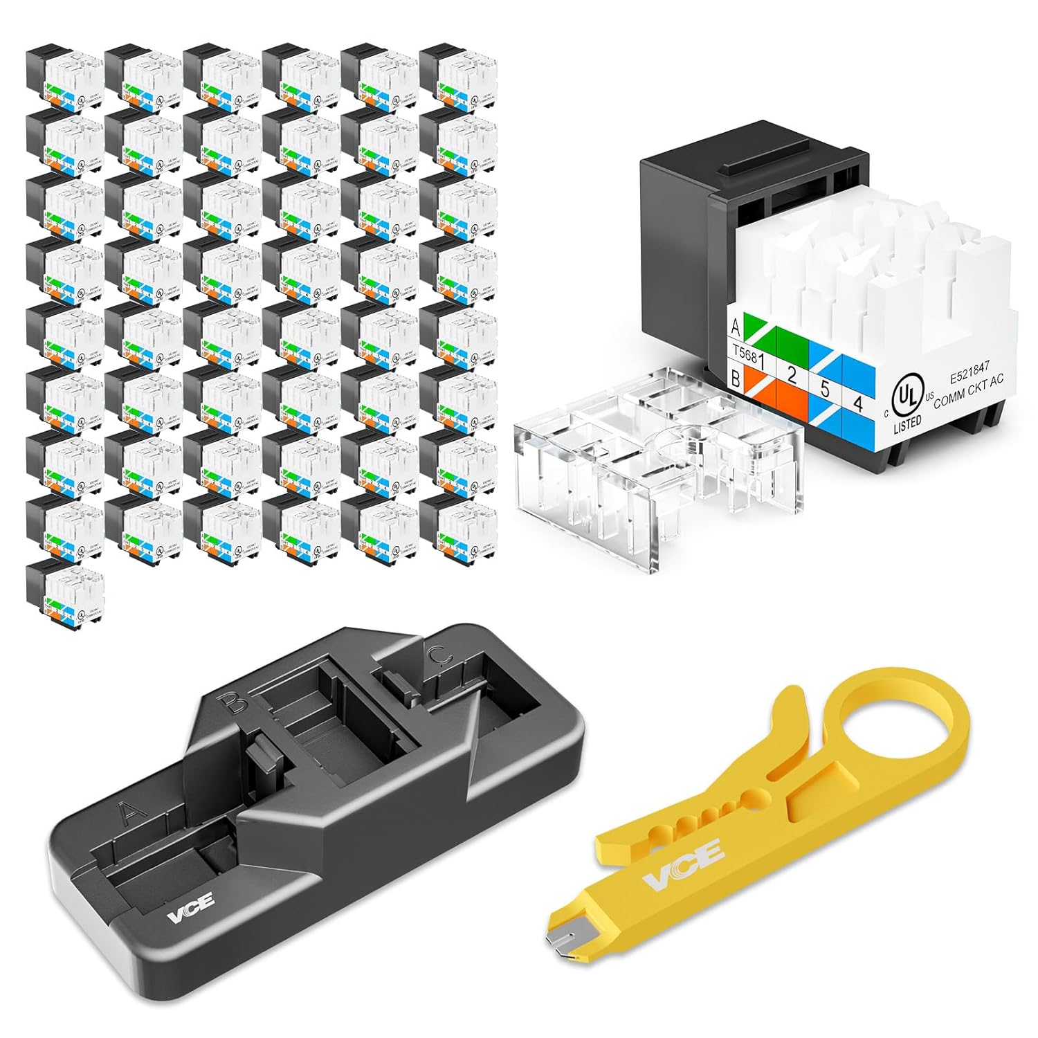 VCE RJ45 Cat6 Keystone Jacks UL Listed 50-Pack, UTP Ethernet Keystone Jacks with Keystone Punch Down Stand Tool and Wire Stripper Cutter, Black