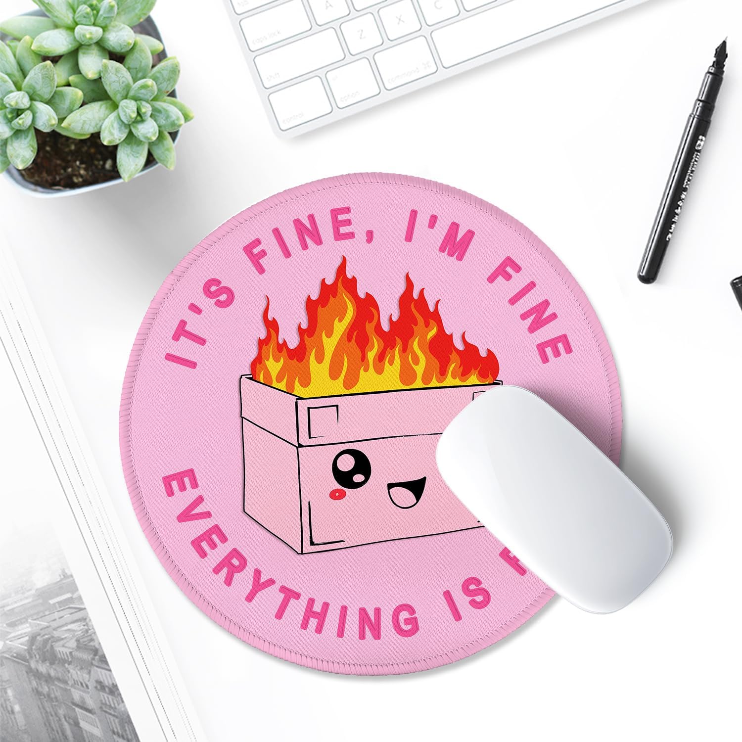 ITNRSIIET Round Mouse Pad with Stitched Edge Premium-Textured Waterproof Non-Slip Rubber Base Desktop Protection Mat Diameter 8.7 inches, Pink Cute Dumpster