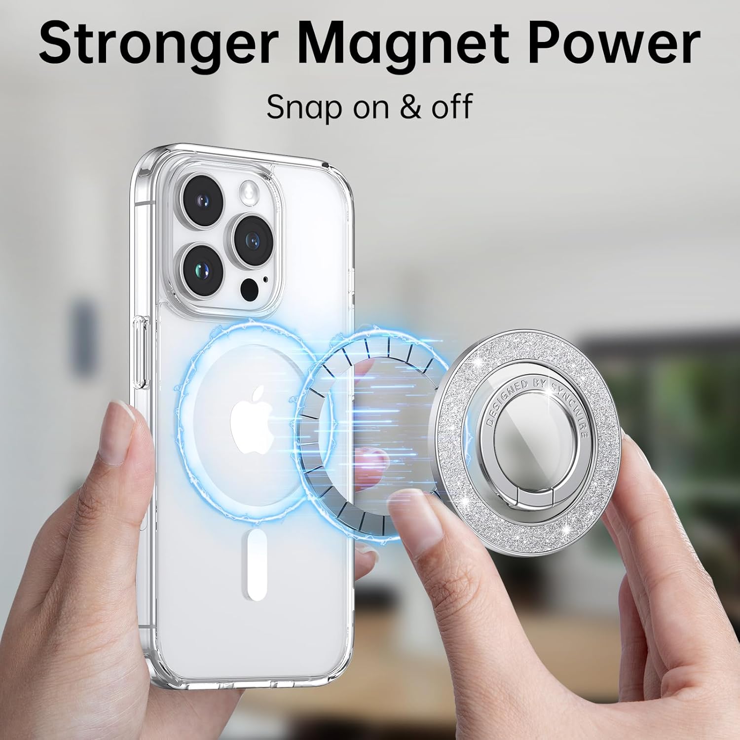 Syncwire Magnetic Phone Grip for MagSafe, Bling Magnetic Phone Ring Holder, 360° Rotation with Floating Effect Cell Phone Ring Stand MagSafe Ring for iPhone 15 Pro Max 14 13 12 &All - Glitter Silver
