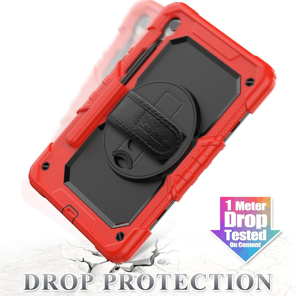 SEYMAC stock Case for Samsung Galaxy Tab S10 FE / S9 / S9 FE 5G Tablet Case Protective with Screen Protector, Pencil Holder, 360 Rotate Stand, Hand Strap, Shoulder Strap, Red