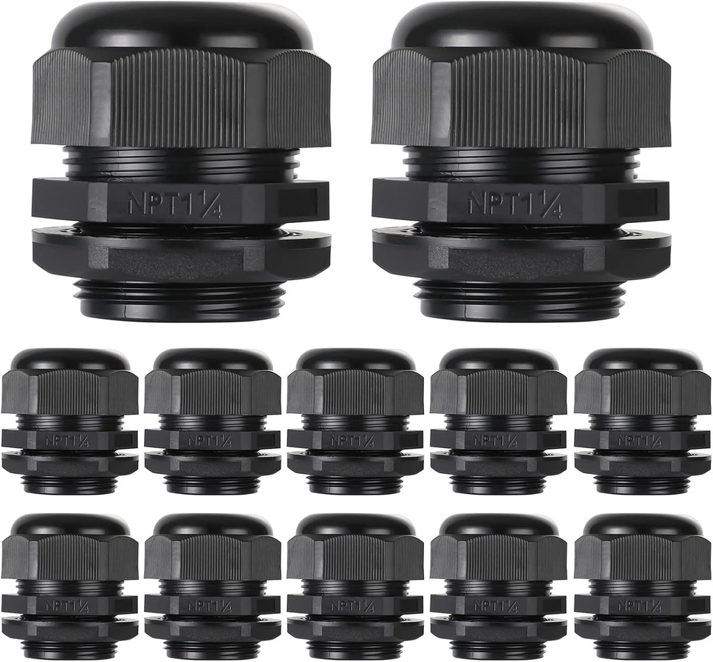PENGLIN Cable Glands 1-1/4" NPT Nylon Cable Connector, Strain Relief Cord Connector, IP68 Waterproof Adjustable Locknut(1-1/4 Inch (12-Pack))