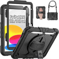 SEYMAC for iPad (A16) 11th/10th Generation Case 2025/2022 (11″/10.9″), Sturdy Heavy Duty Full-Body Shockproof Protective Case with Screen Protector, Rotating Stand, Hand/Shoulder Strap, Black