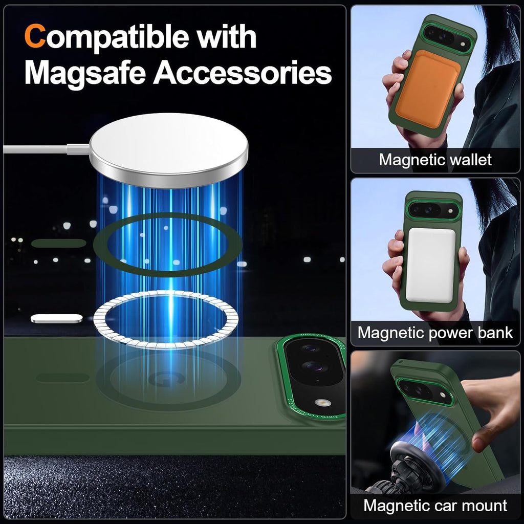 Magnetic for Google Pixel 9/Pixel 9 Pro Case, [Military Grade Drop Protection] [Compatible with MagSafe] Shockproof Slim Translucent Matte Anti-Slip for Women Girls Men Case, Forest Green