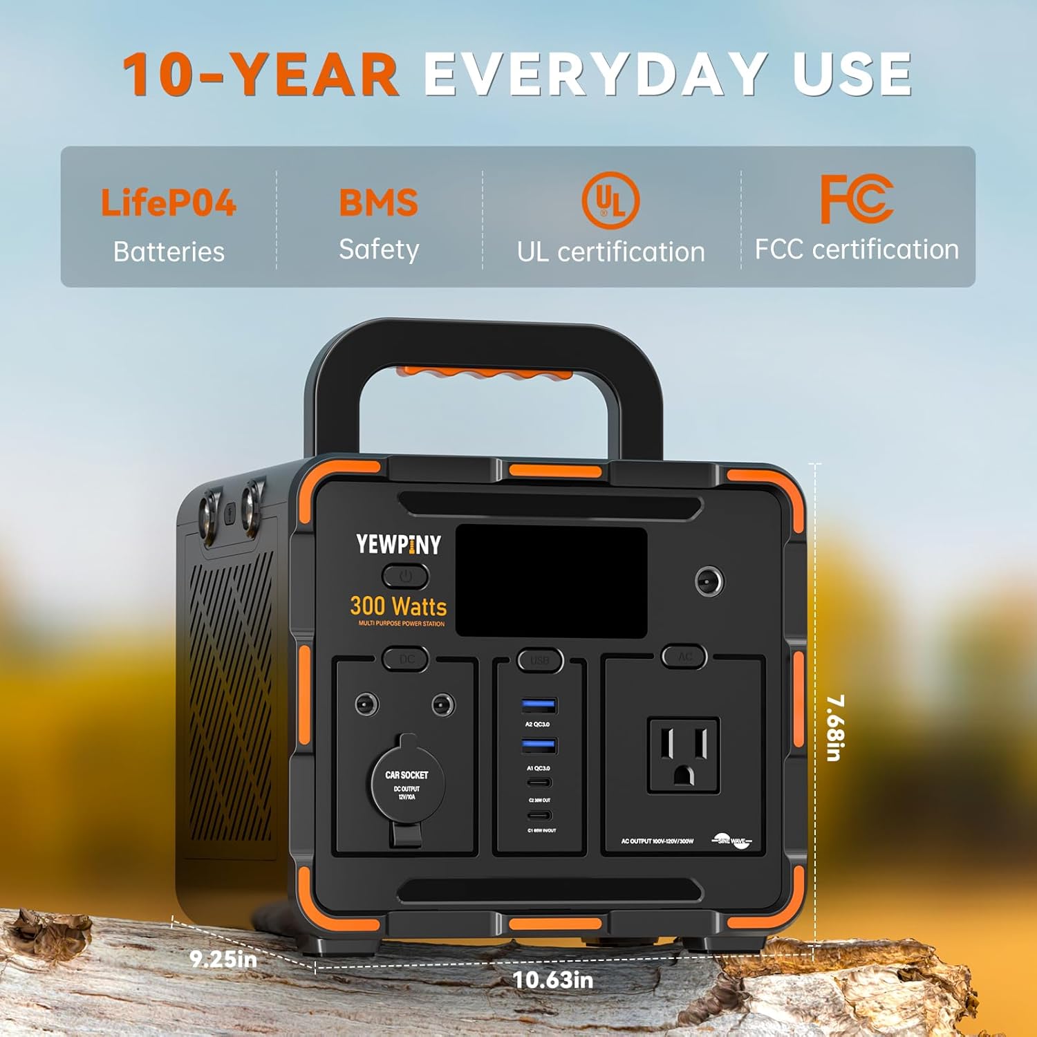 EM300 Portable Solar Station, 259Wh LiFePO4 Battery, 65W USB-C PD Fast Charging, 600W Peak, AC/DC/USB-A Output for Camping, Home and Emergency Use (300W Portable Power Station)