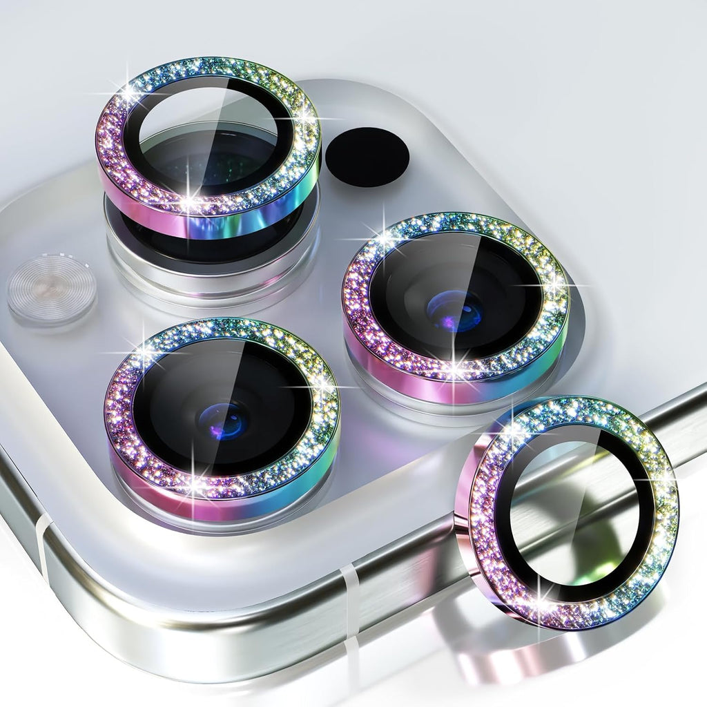 Choiche Compatible for iPhone 15 Pro/iPhone 15 Pro Max Camera Lens Protector Bling, 9H Tempered Glass Camera Cover Screen Protector Metal Ring Decoration Accessories (Glitter-Colorful)