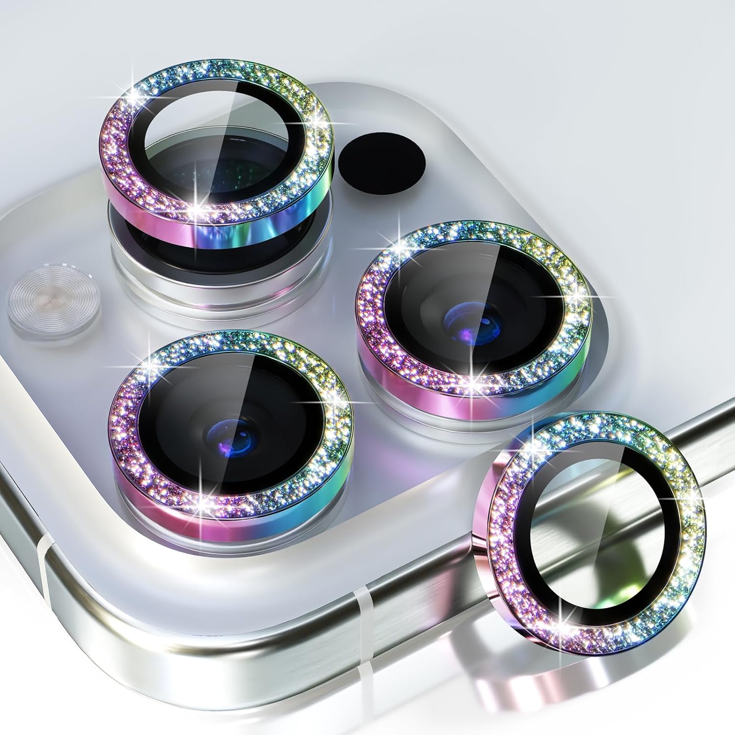 Choiche Compatible for iPhone 15 Pro/iPhone 15 Pro Max Camera Lens Protector Bling, 9H Tempered Glass Camera Cover Screen Protector Metal Ring Decoration Accessories (Glitter-Colorful)