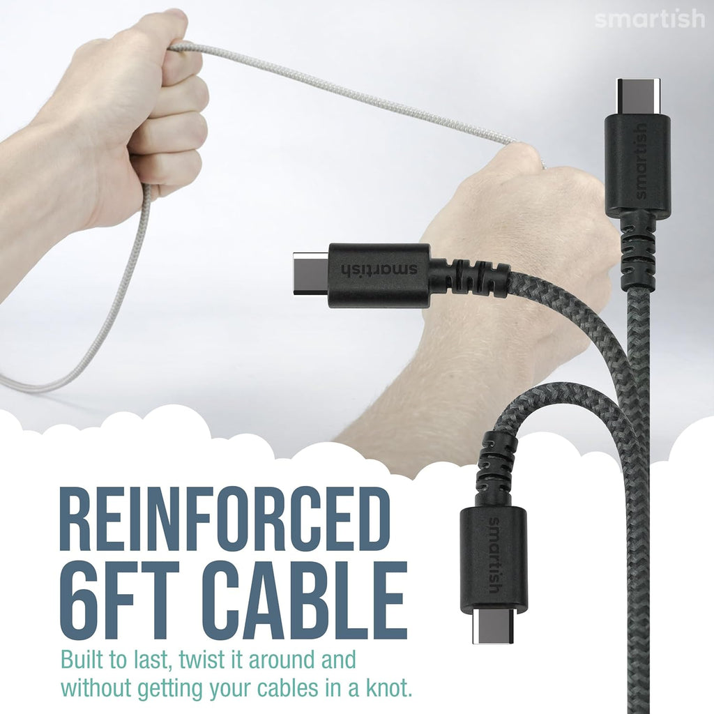 Smartish 2 in 1 USB C to USB C/Lightning Cable - Crown Joule - 6 Ft Fabric Wrapped Fast Charging Cord - for iPhone, Galaxy, Pixel - 100W Dual Fast Charger for Phones/Laptops - No. 2 Pencil Gray