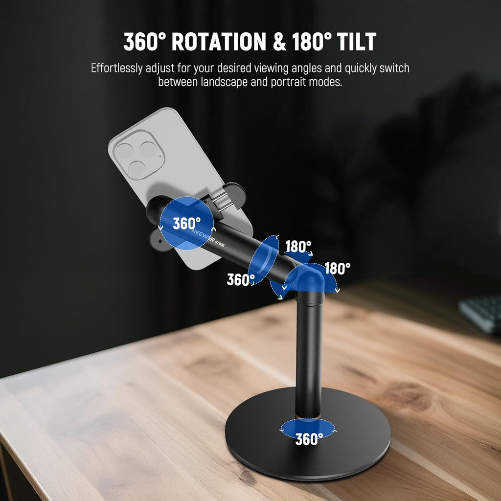 NEEWER Basics Cell Phone Stand for Desk, Adjustable Phone Holder Clamp with Weighted Metal Base, Office Table Phone Mount Compatible with iPhone 16 15 Pro Max Plus Samsung for Video Recording, ST006