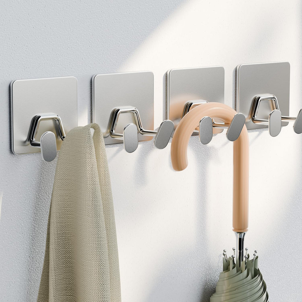 Adhesive Shower Hooks for Inside - Extra Sticky Stainless, Razor Holder Shower Accessories, Wall Mounted Self-Adhesive Double Hooks for Razor, Loofah, Towel, Shaver, Coat, Key, Silver, 4-Pack