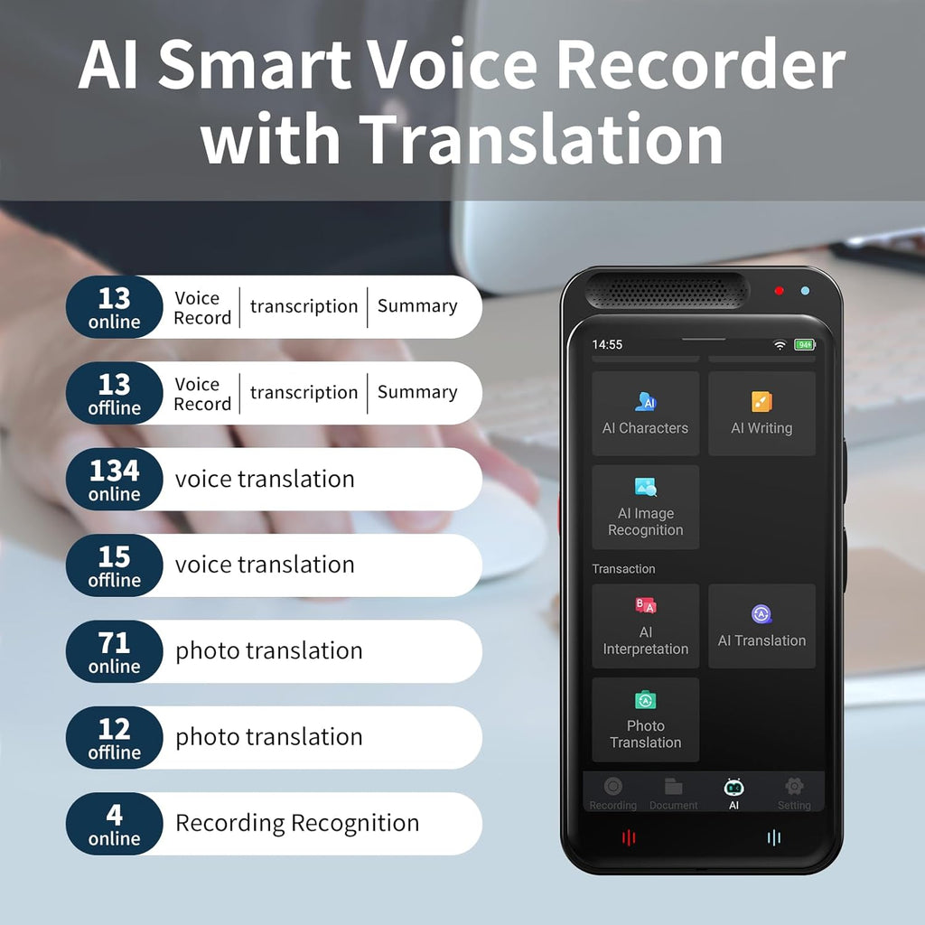 AI Voice Recorder with Playback, Digital Voice Recorder with AI Transcription, Summary, Translation, Full Touch Screen Recorder with 80GB, Audio Recorder Device for Meetings, Lectures, Interviews