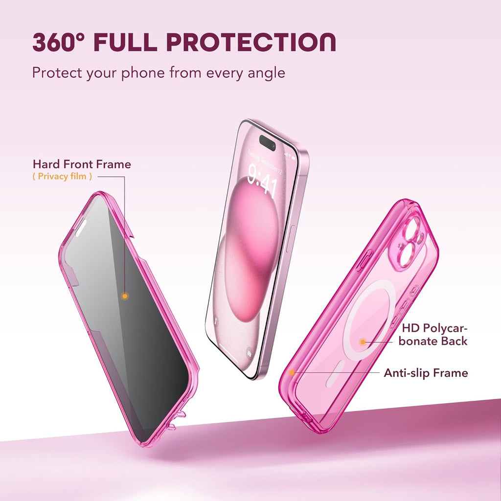 Magnetic for iPhone 15 Case, Compatible with MagSafe, Built-in Privacy Screen Protector and Camera Protection, Anti Spy Full Body Dustproof Shockproof Hard Phone Case 6.1", Fluorescent Pink