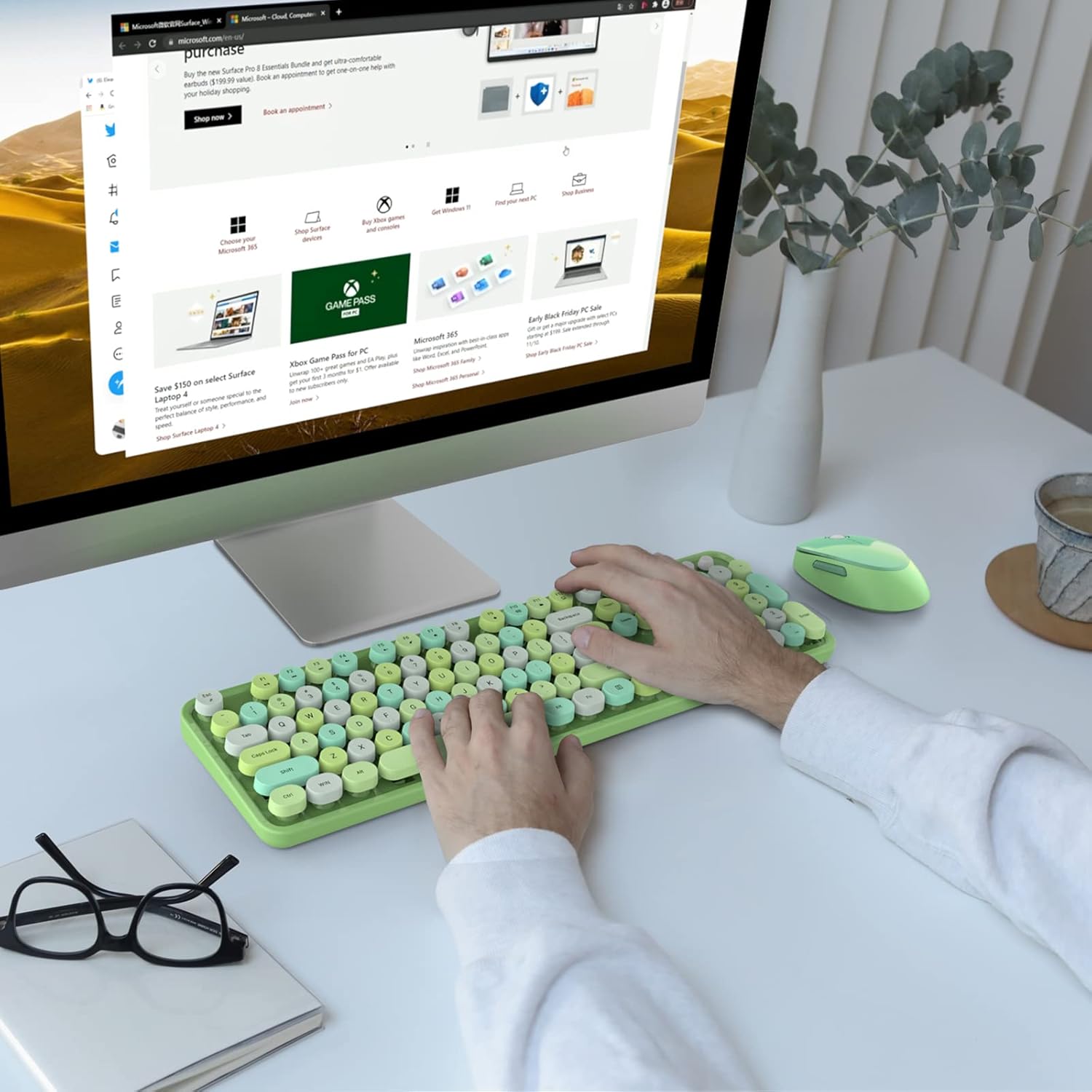 KNOWSQT Wireless Keyboard and Mouse Combo, Green Colorful 2.4G Typewriter Full-Size Retro Keyboards - USB Receiver Plug and Play, for Computer, PC, Laptop, Desktop, Windows