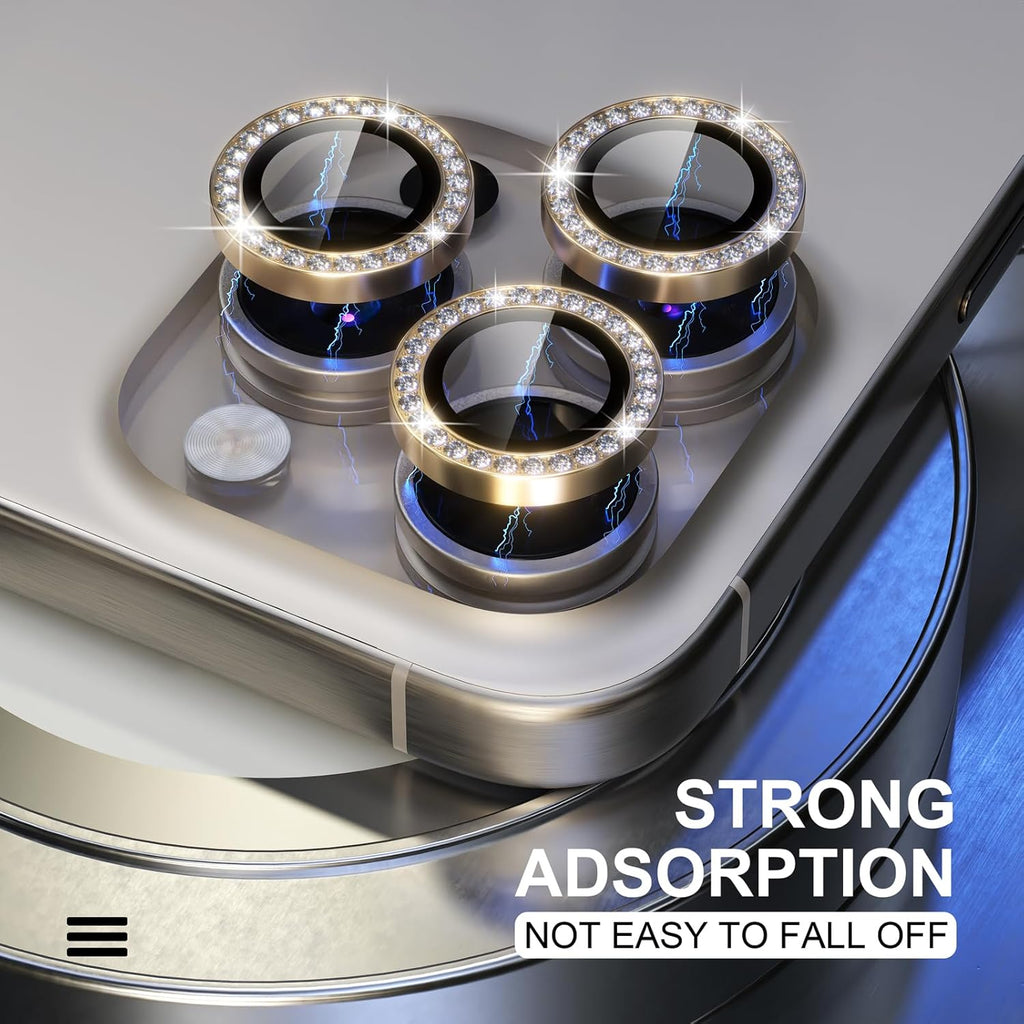 Choiche Compatible for iPhone 15 Pro/iPhone 15 Pro Max Camera Lens Protector Bling, 9H Tempered Glass Camera Cover Screen Protector Metal Ring Decoration Accessories (Diamond-Gold)
