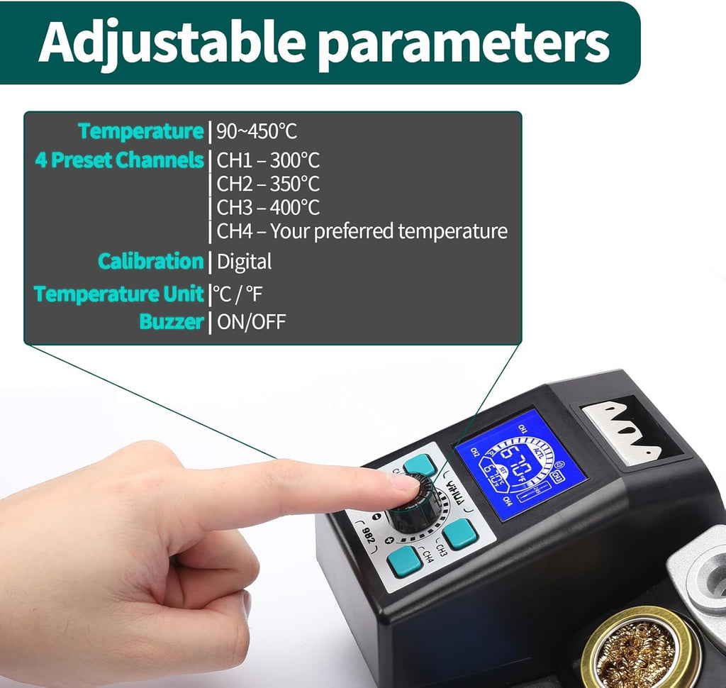 YIHUA 982 Precision Soldering Iron Station Kit with LCD Display, 3 Soldering Tips C245 Cartridge Compatible, Solder Dispenser and 4 Memory Channels, Auto Shutdown, Rapid Heating for Micro Soldering