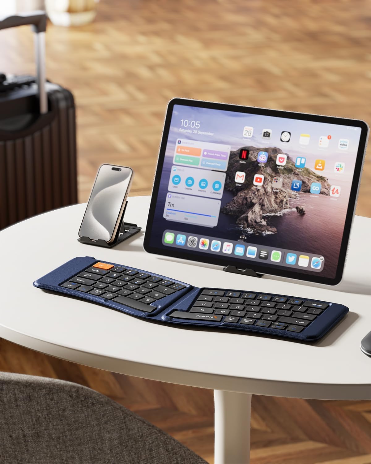 ProtoArc Ergonomic Foldable Keyboard, XK03 Split Folding Travel Bluetooth Keyboard, Ultra Slim, Portable for iPad, iPhone, Tablet, Laptop, PC - Dark Blue