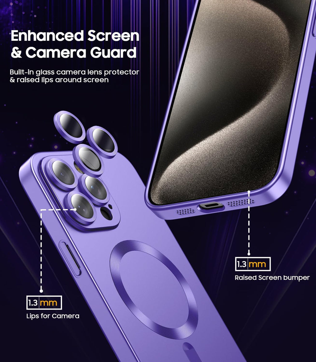 Magnetic for iPhone 15 Pro Max Case [Compatible with MagSafe][Built-in Camera Lens Protector] Slim Soft Silicone Bumper Shockproof Metallic Luster Phone Case (Purple)