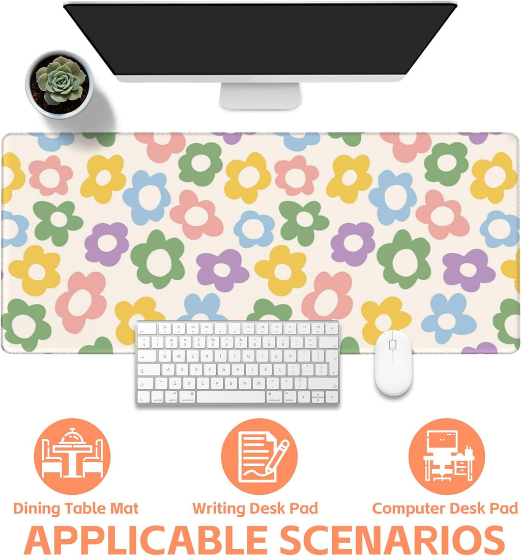 Mouse Pad Large Vintage Groovy Flowers Non-Slip Gaming Desk Mat with Stitched Edge Laptop Keyboard Desk Pad for Work Home Gaming (35.4 x 15.7 Inches)